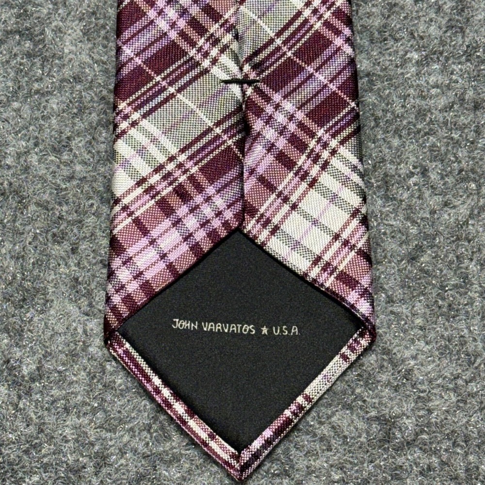 John Varvatos Tie Purple Plaid Skinny Necktie 3" Wide 100% Silk USA 60" Long